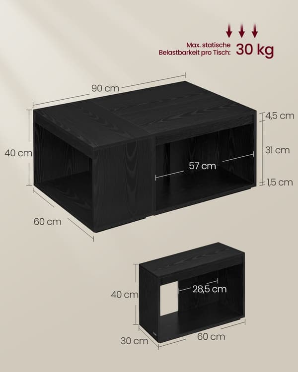 Soffbord set om 3 med förvaringsutrymme ebony svart