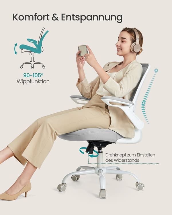 Ergonominen toimistotuoli, jossa on verkko ja 53 cm:n istuinosa, vaaleanharmaa