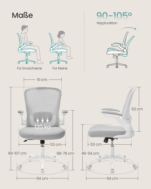 Ergonominen toimistotuoli, jossa on verkko ja 53 cm:n istuinosa, vaaleanharmaa