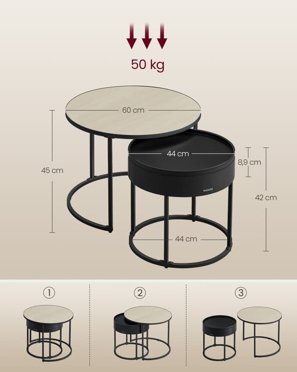 Soffbord runt set om 2 naturbeige-ink svart