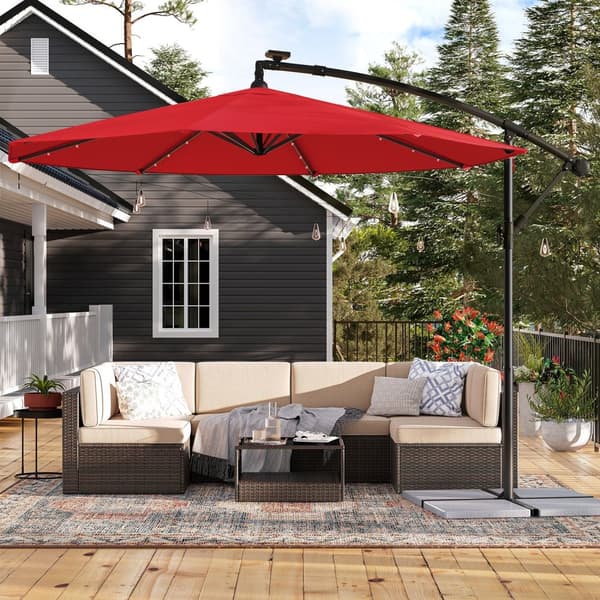 Parasol med LED-solbelysning og håndsving