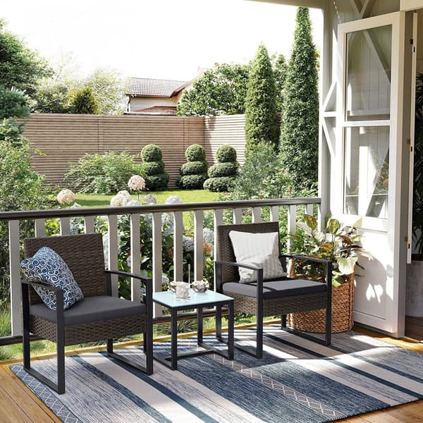 Songmics GGF010G05 Altanmøbelsæt, PE polyrattan loungesæt, bord og 2 stole, havemøbler, nem montering, udendørs, til terrasse, altan, have, sort/grå