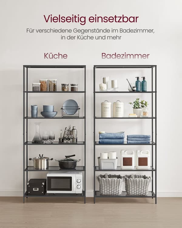 Bokhylla, 6-facks bokhylla, smal hylla för sovrum, badrum, hemmakontor, härdat glas, stålram