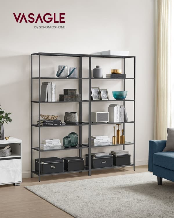 Bokhylla, 6-facks bokhylla, smal hylla för sovrum, badrum, hemmakontor, härdat glas, stålram