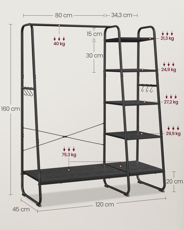 Klädstång, klädhängare med skohylla, 5-facks förvaringsställ, 6 sidokrokar, för sovrum, vardagsrum, Ebony Black och Matte Black RGR116B02