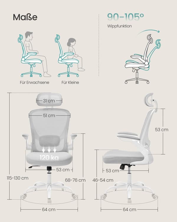 Ergonomisk kontorstol med net og nakkestøtte, duegrå