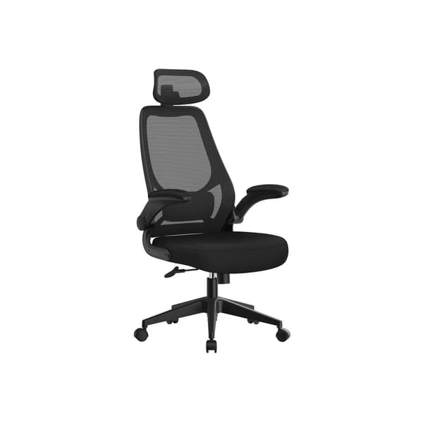 Kontorsstol, datorstol, ergonomisk stol, justerbara armstöd och nackstöd, gungfunktion, andningsaktiv mesh, höjdjusterbar, svart OBN087B01