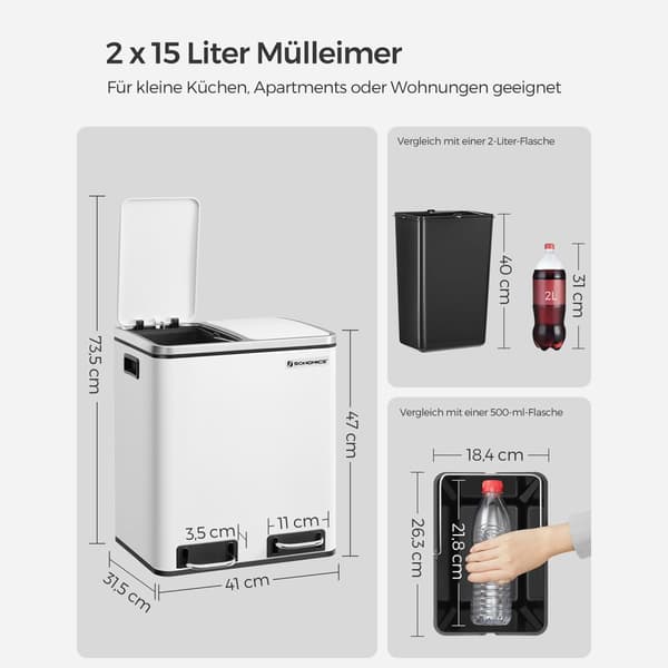 Köksavfallstunna, 2 x 15 L stålavfallstunna, trappstegstunna med innerhinkar och handtag, mjuk stängning, lukttätning, vit LTB30WT