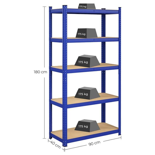5-tasoiset hyllystöt, 2 teräksen hyllystöt varastointiin, työkaluton kokoonpano, autotalliin, vajaan, kantavuus 875 kg, 40 x 90 x 180 cm, sininen
