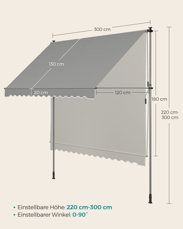 Klämbar markis med handvev 300 x 120 cm grå
