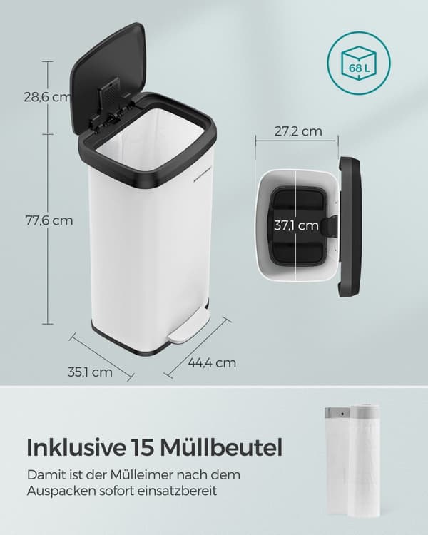 Köksavfallstunna 68 liter metall med lock vit-svart