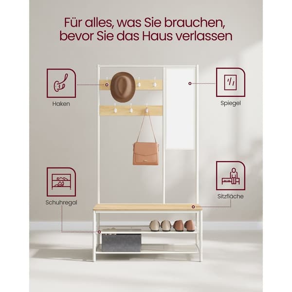 Kapphylla med skoförvaring, hallträd med spegel, krokar, bänk och skohyllor, 35 x 98 x 180 cm, hall sovrum entré, modern stil, ekfärg och vit HSR415W