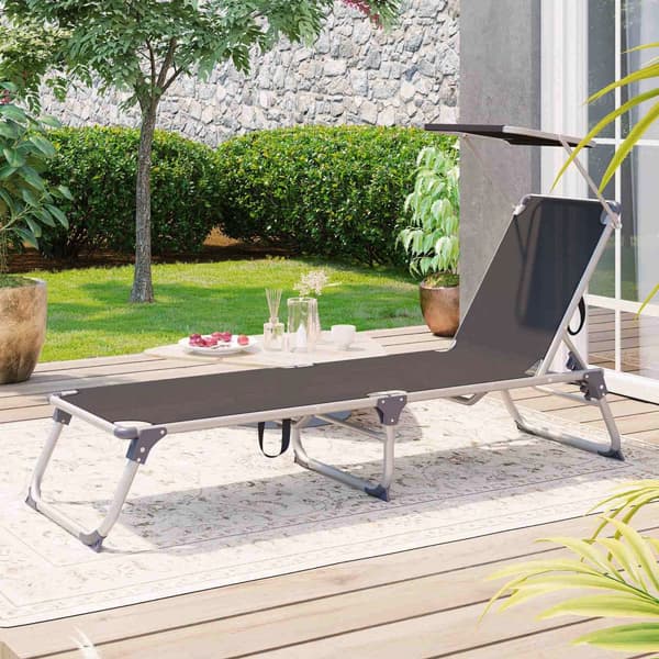 Solseng, liggestol med solskærm, justerbart ryglæn, sammenklappelig, letvægt, 55 x 193 x 31 cm, belastningskapacitet 150 kg, til have, terrasse, røgf