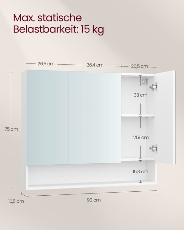 Badeværelsesskab med 3 døre 16,5 x 90 x 75 cm skyhvid
