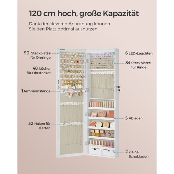 Korut kaappi Armoire, lukittava seinään kiinnitettävä säilytysjärjestäjä yksikkö kaulakoru korvakoru, peili ja eri osastot, valkoinen puun jyvällä ja
