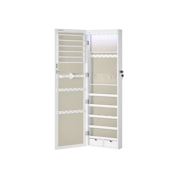 Smyckesskåp Armoire, låsbar väggmonterad förvaringsenhet för halsband örhängen, med spegel och olika fack, vit med träådring och beige JJC093W01