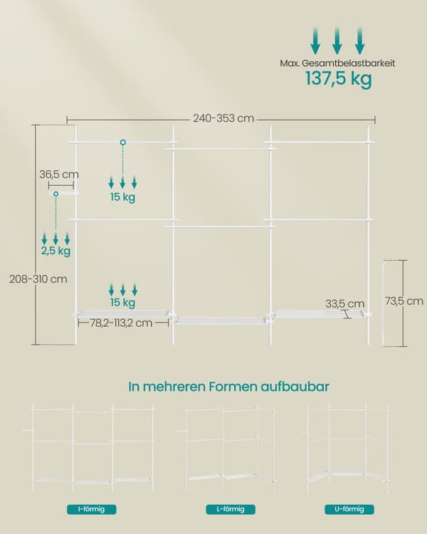 Tøjstativ med loftshøjde 33,5 x (240-353) x (208-310) cm