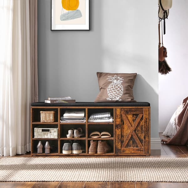 Kenkäpenkki Säilytyskaappi Kenkäteline, jossa on 9 avointa lokeroa ja kaappi, jossa on pehmuste 110 x 30 x 48 cm Rustiikkinen ovi Vintage Brown LHS05
