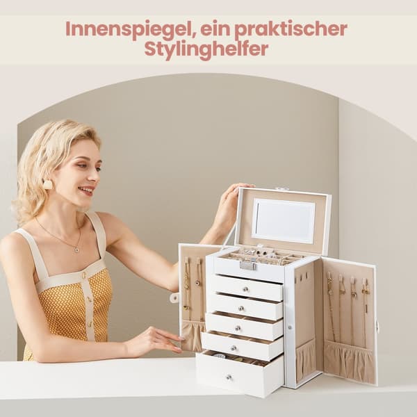 Smyckeskrin 6 nivåer, smyckeskrin med 5 lådor, med spegel