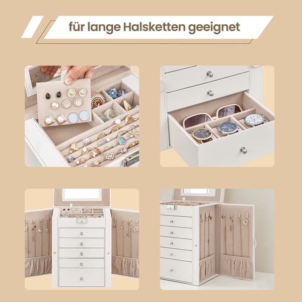 Smyckeskrin 6 nivåer, smyckeskrin med 5 lådor, med spegel