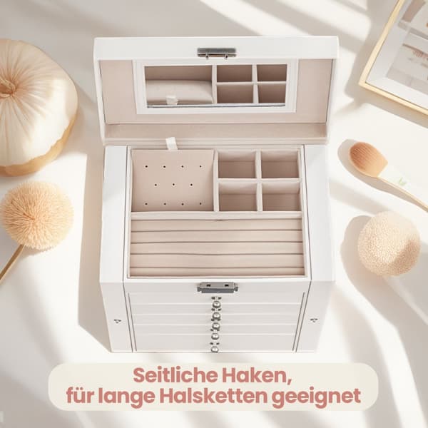 Smyckeskrin 6 nivåer, smyckeskrin med 5 lådor, med spegel