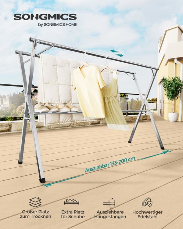 Pyykkihevonen 133-200 cm ulosvedettävä ja vapaasti seisova.
