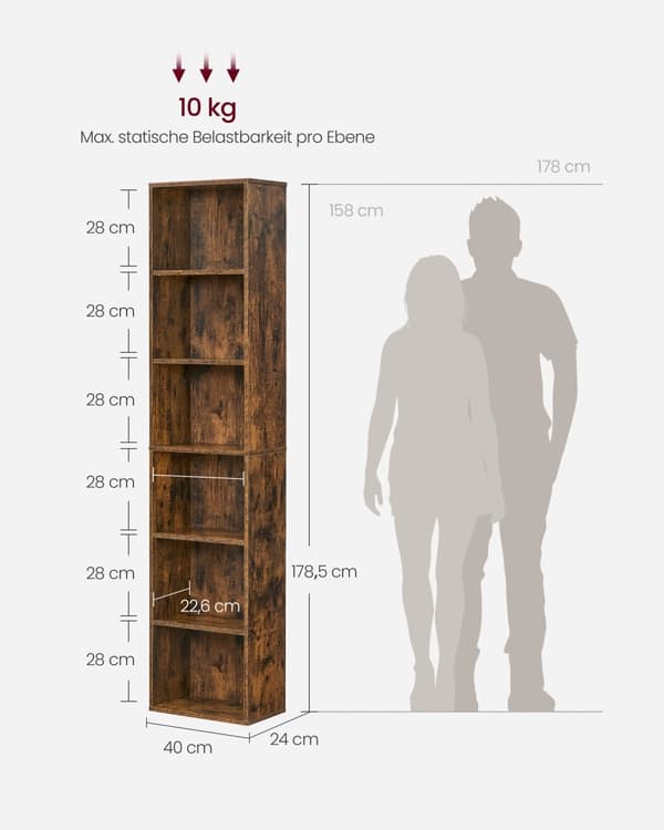 Kirjahylly, jossa 6 tasoa 24 x 40 x 178,5 cm vintage ruskea