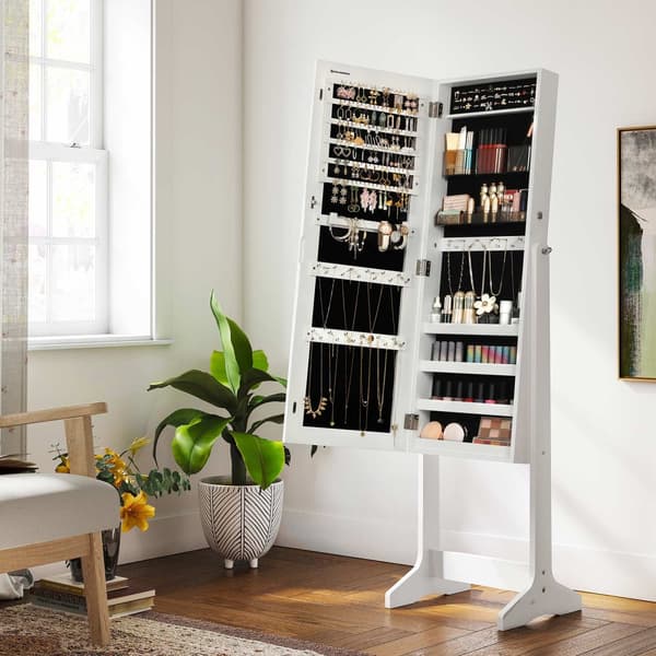 Korut kaappi Armoire, vapaasti seisova lukittava lukittava säilytysjärjestäjäyksikkö, jossa on 2 muovista kosmetiikkavarastoa, täyspitkä kehyksetön p