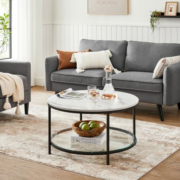 LCT071B13 Soffbord, vardagsrumsbord, soffbord, med glasskiva, stort förvaringsutrymme, enkel montering, modern stil, vit marmoreffekt, svart ram