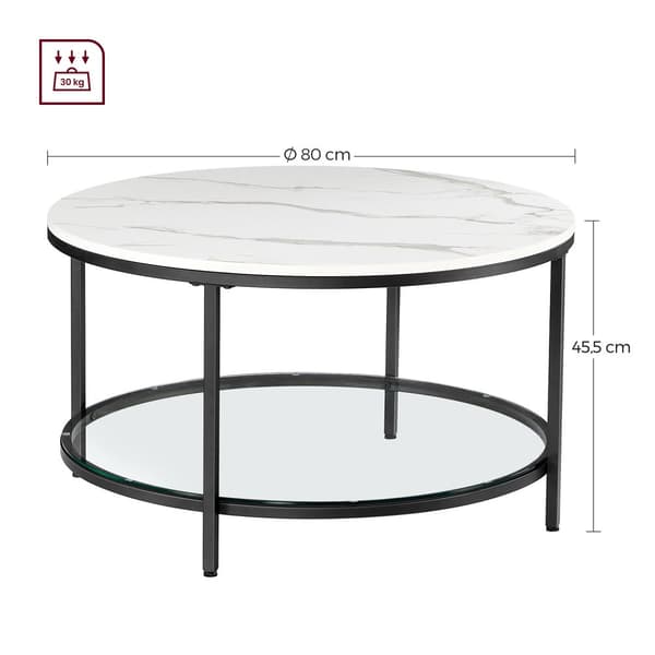 LCT071B13 Soffbord, vardagsrumsbord, soffbord, med glasskiva, stort förvaringsutrymme, enkel montering, modern stil, vit marmoreffekt, svart ram