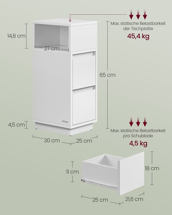 Sengebord Slankt sidebord med 2 skuffer Åbent rum Venstre eller højre Fleksibelt monterbart Soveværelse Stue Skyhvid LET656W01
