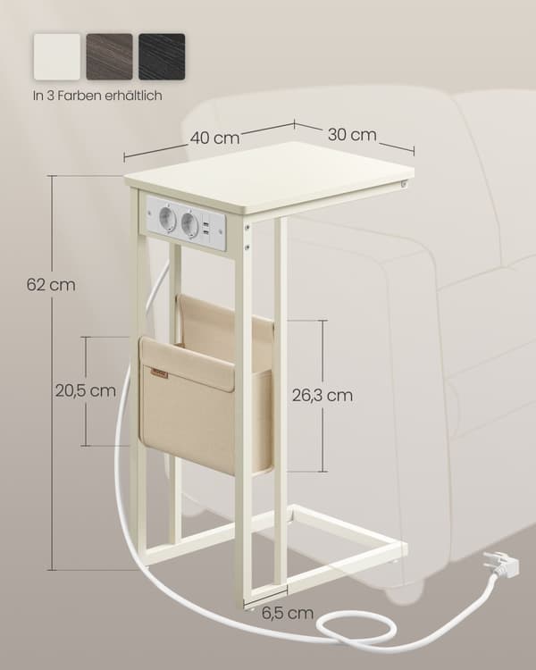 C-formet sidebord med 2 AC-stik, cremehvid