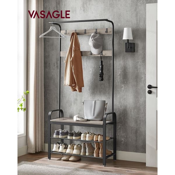 HSR400B02 Vaateteline, kenkäteline istuimella, vaateteline 9 irrotettavalla koukulla, penkki, 2 hyllyä, 183 cm korkea, teollinen muotoilu, greige-mus