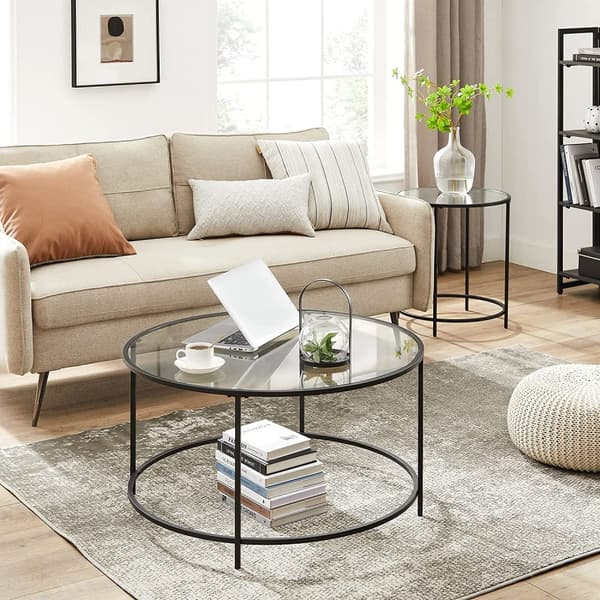 Runt soffbord, glasbord med stålram, vardagsrumsbord, soffbord, härdat glas, svart LGT021B01