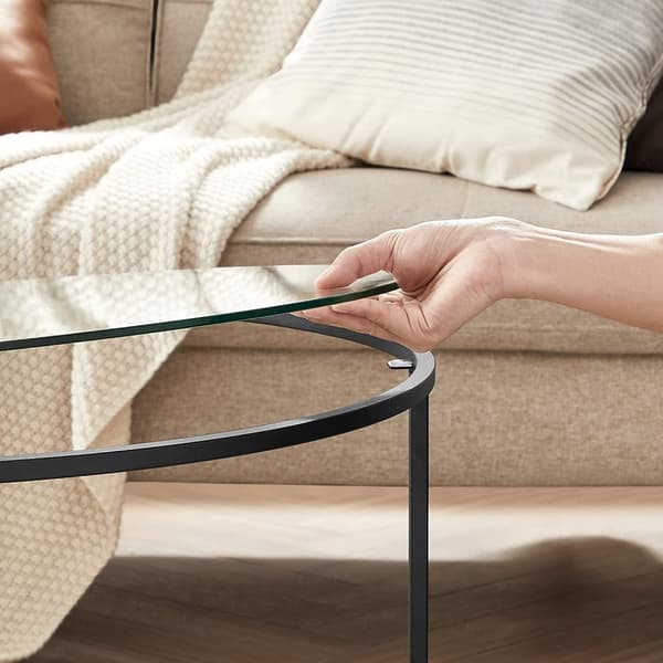 Runt soffbord, glasbord med stålram, vardagsrumsbord, soffbord, härdat glas, svart LGT021B01