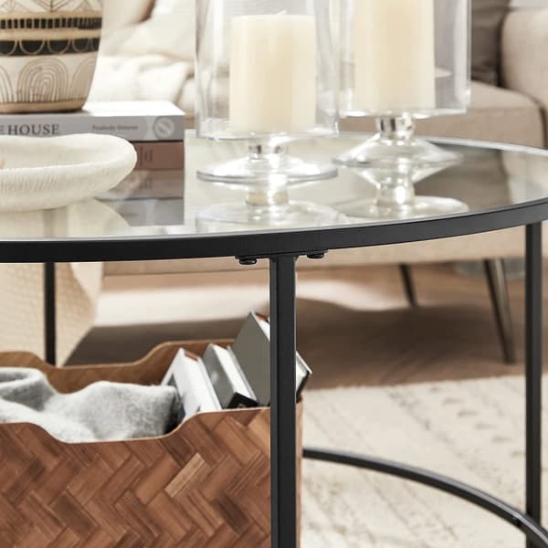 Runt soffbord, glasbord med stålram, vardagsrumsbord, soffbord, härdat glas, svart LGT021B01