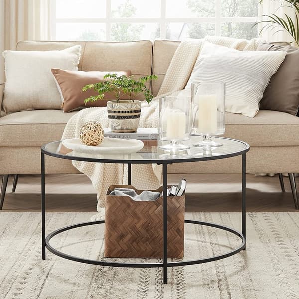 Runt soffbord, glasbord med stålram, vardagsrumsbord, soffbord, härdat glas, svart LGT021B01