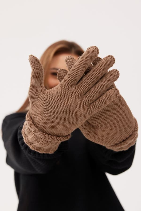 Yksittäiset käsineet hihansuilla 100 % MERINO WOOL - KENDALL - CAMEL
