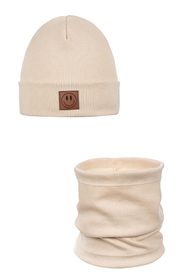 Forårssæt hue og tørklæde SMILE - bomuld - BEIGE 40-46