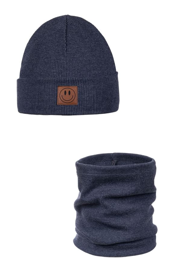 Vårset mössa och halsduk SMILE - bomull - NAVY MELANGE 40-46