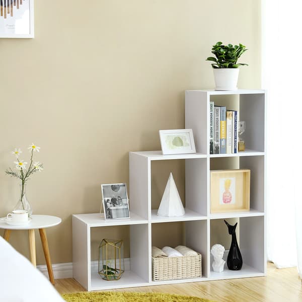 Bogreol i trappedesign med 6 rum - Hvid
