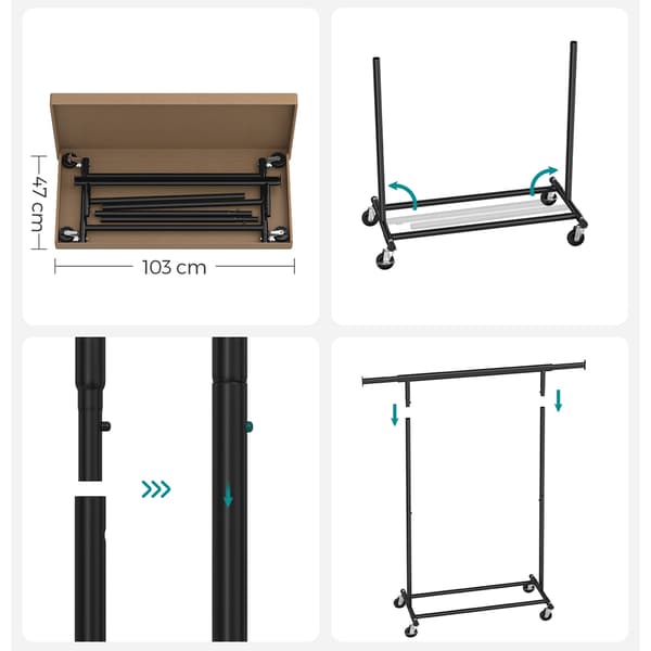 Säädettävä vaateteline pyörillä, 92–132 cm, teräs, 90 kg kantavuus, mustasta
