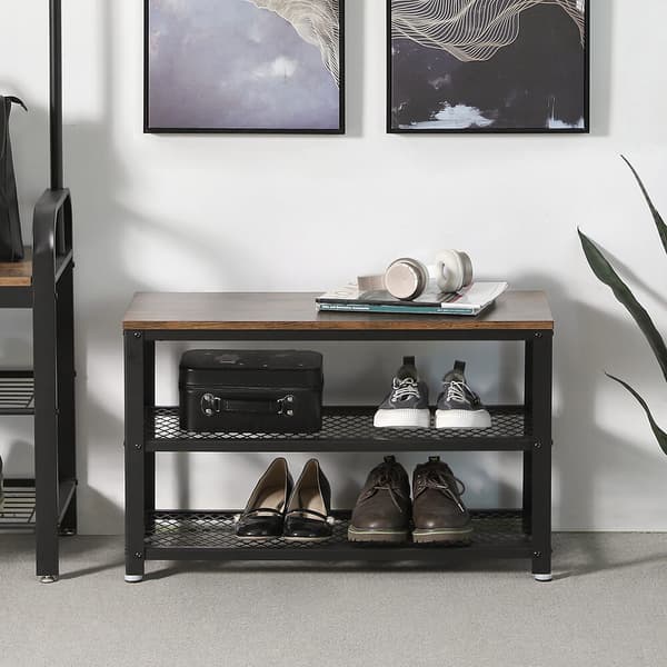 Skoställ med sittbänk och 2 hyllor - Brun/svart