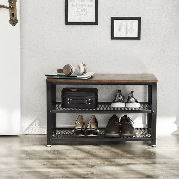 Skoställ med sittbänk och 2 hyllor - Brun/svart