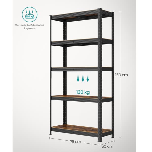 Förvaringshylla i metall med 5 justerbara hyllplan – 150 x 75 x 30 cm
