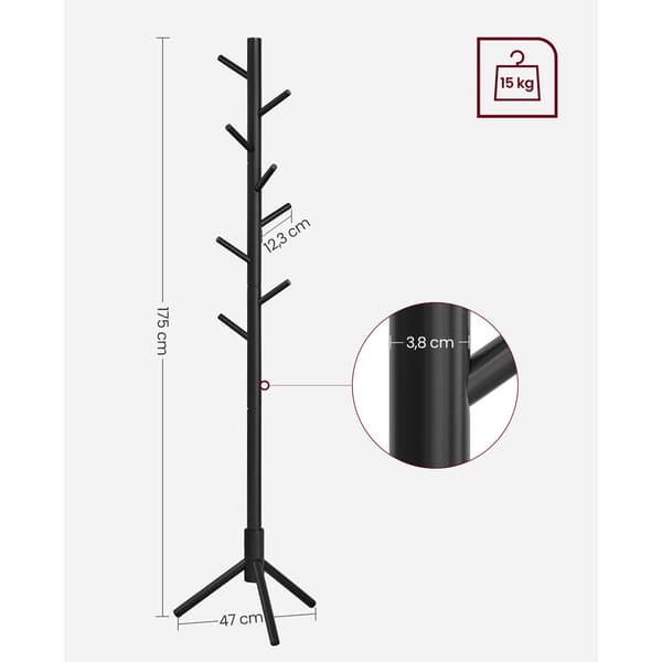 Fristående klädhängare i trä – 175 cm, svart med 8 krokar