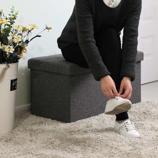 Ottoman med förvaring 76 x 38 x 38 cm – hopfällbar sittbänk i skiffergrå linneimitation
