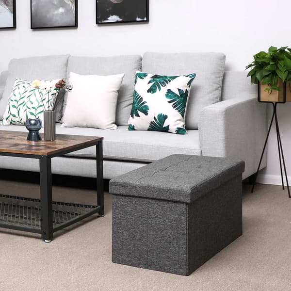 Ottoman med förvaring 76 x 38 x 38 cm – hopfällbar sittbänk i skiffergrå linneimitation