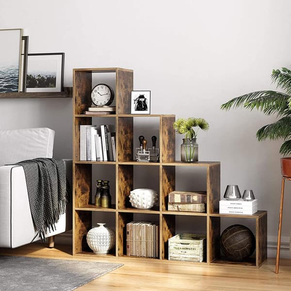 Bokhylla 129,5 x 129,5 x 29 cm – med 10 öppna fack i rustik brun finish