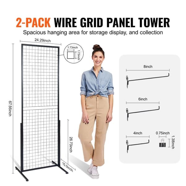 2-pack 60 lbs lastkapacitet 24,29x67,56 tum golvstående rutnätspaneltorn med krokar, tålig och lätt att installera